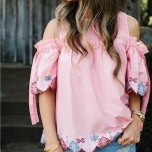 Loft Ann Taylor Pink Off-Shoulder Embroidered Women's Top